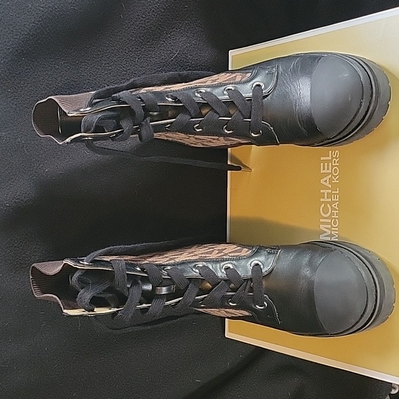 Michael Kors Brea Leather and Logo Jacquard Combat Boot - Picture 2 of 10